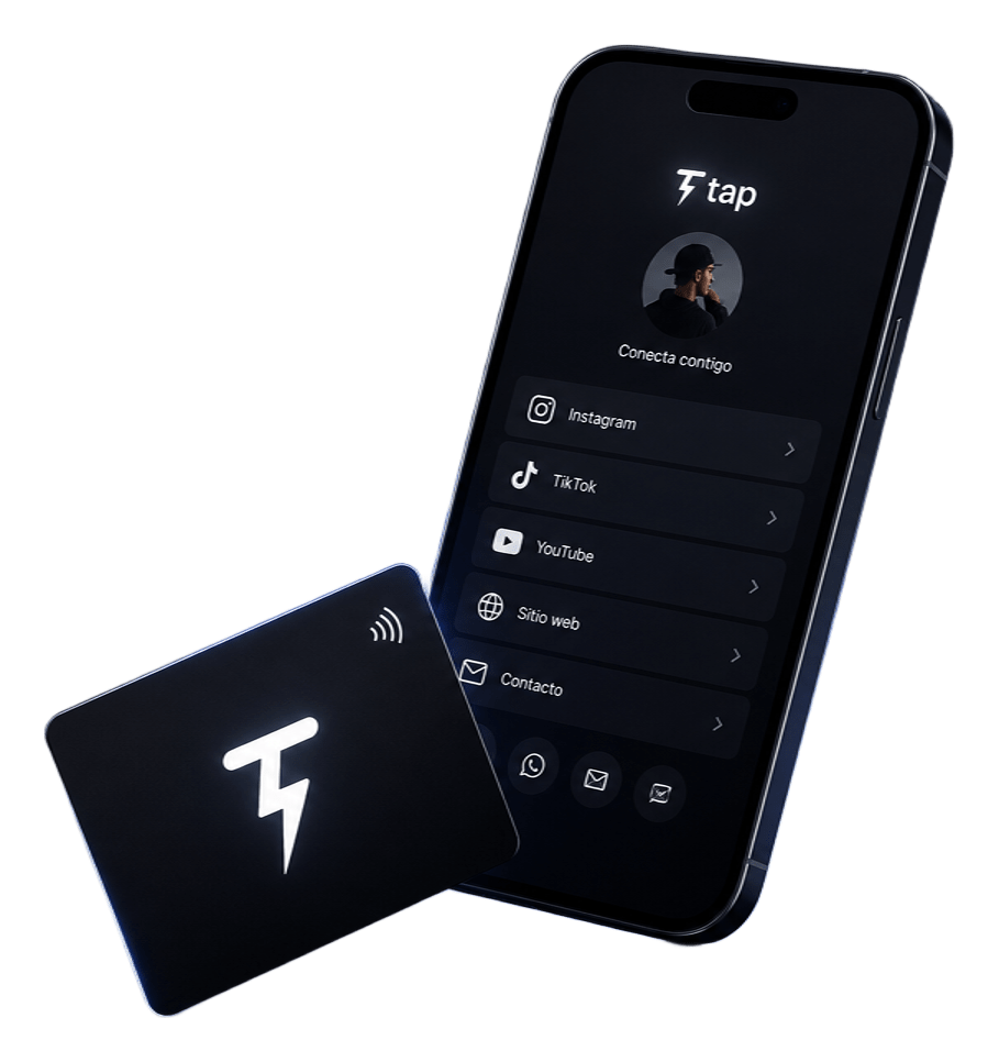 Tarjeta NFC de tap junto a un teléfono que muestra la landing del negocio con sus enlaces.